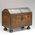 Continental miniature domed coffer dutch marquetry inlay with velvet lining and wrought iron hardware on bun feet 17th c some losses 15 x 18 x 10