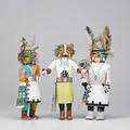Route 66 kachinas three in cottonwood with polychrome decoration and feather attachments 20th c tallest 16
