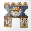 Hopi tableta masonite with doublesided polychrome decoration 20th c 17 x 16
