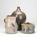 American stoneware three items covered cake crock and pitcher with cobalt decoration and early jug with incised decoration 19th c tallest 15