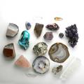 Mineral specimens eighteen pieces amethyst clusters and section smokey quartz polished crystals 9 polished azuritemalachite nodule pyrite etc tallest 11
