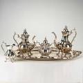 Reed  barton silver plate 20th century four piece partial coffee service winthrop missing sugar bowl oval king frances serving tray 30 over handles