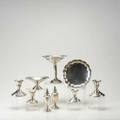American sterling silver 20th c nine pieces low scalloped bowl by reed and barton weighted compote weighted low compote two pairs weighted candlesticks weighted salt and pepper shakers all ma