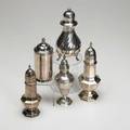 Five english or german silver sugar casters 19001939 art deco sterling by jr ogden birmingham 1939 continental silver bulbous with scenic repouss germany ca 1900 sterling octagonal jr a