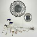 American and danish sterling seventeen pieces a michelsen danish silver spoon 9 fork 8 14 ornate edwardian pierced salver by mauser 11 12 2 amston lion footed salt cellars with cobalt
