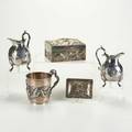 Silver and silver plate five pieces 19th20th century chinese export silver cup with applied dragon asian silver plate trinket box repousse with eagle on lid in high relief etc cup 387 ot t