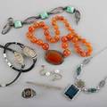 Collection of 20th c jewelry ca 19201950 nine pieces carnelian bead necklace with silver 15 14k filigree bar pin with aquamarine 2 12 14k wg diamond wristwatch 14k enameled wg wristwat