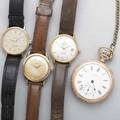 Four timepieces three omega wristwatches 18k seamaster automatic with sweep second hand and date automatic gf and steel with sweep second hand gf seamaster quartz watham gf of pocket wat