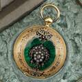 Gustave raymond pocket watch guilloche enamel with rose cut diamonds 18k yg in fitted box 369 dwt 574 gs diameter 43 mm