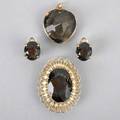 Gold smokey quartz jewelry brooch heartshaped pendant and clip earrings marked 14k 173 dwt 269 gs  largest 1 58 x 1 14