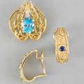 Recent 14k gold and gemstone jewelry halfhoop earrings with collet set sapphires and diamonds on a textured ground with bright scroll and coil work 34 pendant with oval faceted blue topaz and di