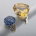 Two jeweled gold rings ca 1960 synthetic sapphire and 18k yg cluster triangular cushionshaped citrine in 14k yg 137 dwt 214 gs sizes 6 4 12