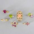 Seven gold rings most with diamonds six in 14k yg including ruby synthetic ruby coral peridot amethyst 18k ruby and diamond cocktail ring diamonds approx 15 cts tw 168 dwt 262 gs