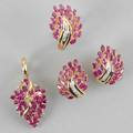 Four piece suite 14k ruby and diamond jewelry ca 1965 leaf forms of marquise cut rubies and single cut diamond accents includes clip earrings pendant enhancer and a ring 14 dwt gw 217 gs gw