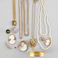 Gold gold filled and pearl jewelry fifteen pieces 19th20th c four victorian gold filled chains or necklaces includes enamel and citrine gold filled cameo brooch hinged bangle and heart locket