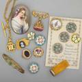 Assorted jewelry and accessories sixteen pieces goldfilled enamel clover 3 limoges style enameled copper buttons 2 goldfilled fobs 3 champleve buttons goldfilled bangle with split pearl