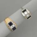 Two art deco diamond and gold rings ca 1935 ladies 18k wg has two diamonds flanked by shaped onyx gentlemans bicolor 14k with squarecut synthetic sapphire separated by four transitional cut dia