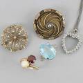 Collection of gold jewelry five pieces 14k wg diamond heart pendant and chain with single cut diamonds ca 1950 18 10k wg ring with aquamarine colored gem size 8 12 14k yg victorian mourni