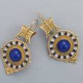 Pair of castellani enameled gold pendant earrings london ca 1998 granulated 18k yg in the archeological style with lapis cabochons in wireworked and enameled disks marked castellani 18c 18k