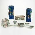 Chinese porcelain eight pieces 19th20th c famille rose box pair of sumidagawa vases five pieces rose medallion unmarked tallest 10 14