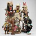Native american group of five kachinas and two wood totem poles kachinas wood shells and fur two marked imc brown ship rock nm tallest 25