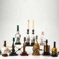 Candle lamp grouping ten chinese porcelain carved wood figures and soapstone all with wiring tallest 10 38