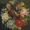 Two decorative needleworks punchwork embroidery of a parrot together with a lamb hooked rug mounted on stretcher 19th20th c larger 22 x 30