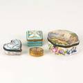 Snuff boxes four pieces 19th20th c heart shaped porcelain a trifle from lowestoff 1795 french bronze with handpainted dancing cherubs french faience handdecorated with fishermen and a hand
