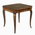 Games table marquetry inlaid top with cabriole legs 20th c 29 x 30 sq
