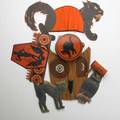 Vintage halloween approx twentysix pieces 1930s50s german diecut animals noise makers costume hats etc largest 12 x 13