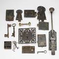 Door hardware thirtyeight items 18th19th c including latches elaborate locks keys etc longest latch 14