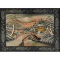Crewel embroidery japanese winter temple scene mid 20th c framed 33 12 x 44 12
