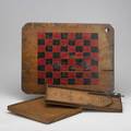 Folk art gameboards three pieces 19th century polychrome checker board from salvaged pine cutting board sharps shooter and chinese checker board sharps shooter marked largest 21 x 16 12