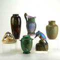 Weller rookwood six pieces rookwood vase with seagulls in striated green and brown 1935 weller louwelsa vase with berries velva covered jar ardsley kingfisher frog sabrinian jug and flemish in