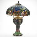Tiffany style contemporary large art glass table lamp with dragonflies unmarked 33 x 22 dia