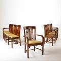 After greene and greene contemporary dining chairs late 20th c four arm and six side mahogany with silk and vinyl upholstery some marked made in indonesia 9 x 24 12 x 21
