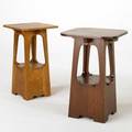 Contemporary arts  crafts two limbert style plant stands quartersawn oak late 20th c unmarked larger 30 x 20 sq