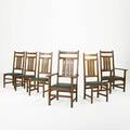 Vulpiani workshops contemporary harvey ellis reproduction inlaid dining chairs two arm and four side quartersawn oak copper pewter fruitwood and leather usa 1989 stamped arm 45 12 x 24 1