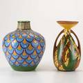 French art deco two pottery vases twohandled de bruyn fils vase with flared rim and marcel renson vase in enamels both marked tallest 10