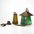 Arts and crafts metalwork hanging slag glass lantern hanging shade with textured glass inkwell blotter and bradley  hubbard pen tray some marked lantern 12 x 8 sq