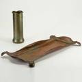 Roycroft etc roycroft brasswashed cylindrical vase together with hammered arts  crafts copper footed tray roycroft orb  cross mark taller 9 12