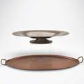 Dirk van erp roycroft two hammered metal works van erp brass centerpiece and roycroft tray both with stamped marks bowl 2 34 x 17 12 x 8 tray 22 12 x 10