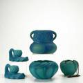 Van briggle five pieces in blue and turquoise pair of pinecone chambersticks vase and bowl with fulllength leaves and hanging planter 1930s and later all with incised marks tallest 6 12