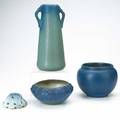 Van briggle four pieces in lapis and light blue glaze 19161920s tall vase with dragonfly handles bowl dated 1916 low bowl with flowers and flower frog all marked tallest 10 12