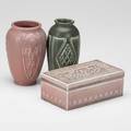 Rookwood three production pieces 19231927 two cabinet vases and a trinket box all with flame mark tallest 6