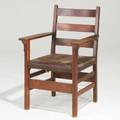 Gustav stickley ladderback armchair usa early 20th c quartersawn oak and tacked on leather seat red compass mark 36 x 25 x 22