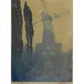 Noel heath british 19th20th c color woodblock on rice paper windmill chelesbury framed signed and dated 11 x 8