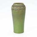 Rookwood production vase with greek key design in matte green and raspberry glaze 1913 flame markxiii2039e 7 12 x 3 12