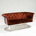 Russell woodard settee usa 1950s polished aluminum and velour fabric label 28 x 64 x 28