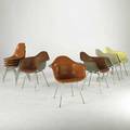 Charles and ray eames herman miller set of nine chairs five arm and four side usa 1950s60s painted fiberglass zincplated metal and plastic some have metal label and paper labels armchair 3
